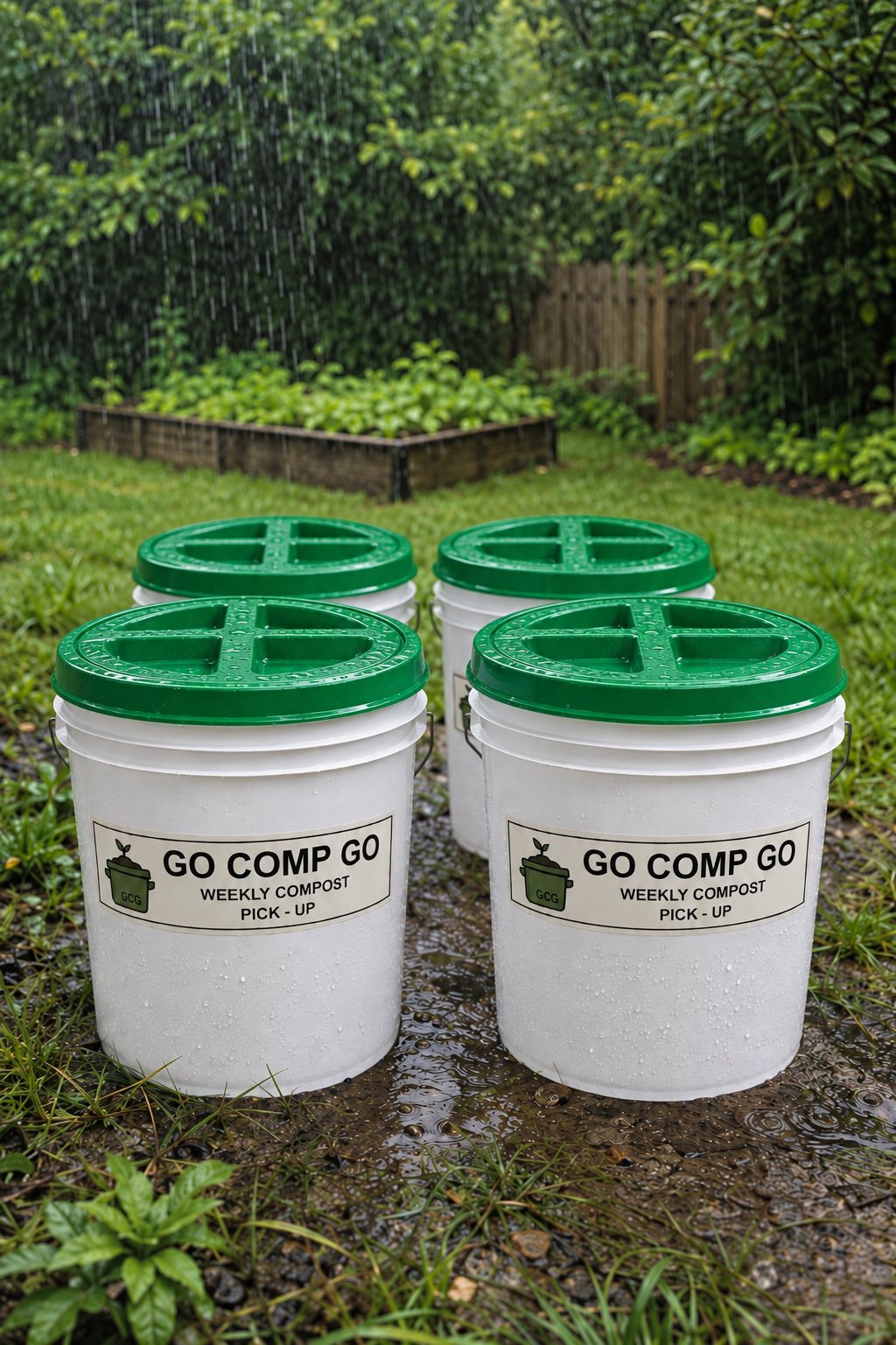 Go Comp Go compost bins in a backyard garden