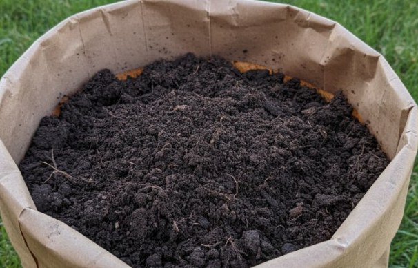 Finished compost in a thriving garden