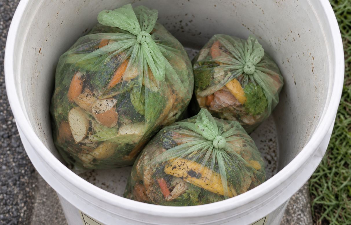 Bagged food scraps in a bucket at the curb